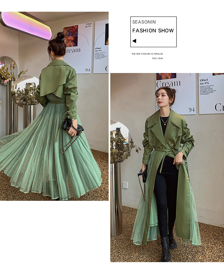 Fashion women's wear A Large Number of in Stock 2024   Purpleflower Holly Leaf Spring and Autumn Trench Coat Women's French Mesh Stitching Casual Temperament Coat