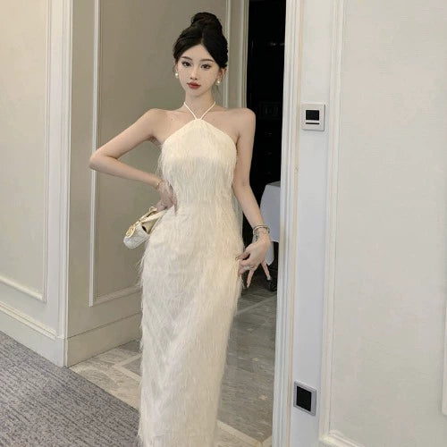 Fashion women's wear French Backless Tassel Halter Spaghetti Straps Dress Women's Spring Temperament Advanced Sexy Engagement License Birthday Party Formal Dress