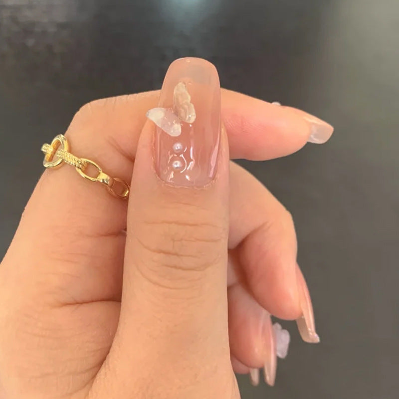 裸色珍珠蝴蝶亮面美甲贴片带钻款穿戴甲假指甲美甲成品指甲贴片