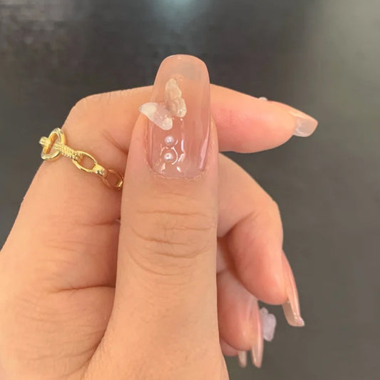 裸色珍珠蝴蝶亮面美甲贴片带钻款穿戴甲假指甲美甲成品指甲贴片
