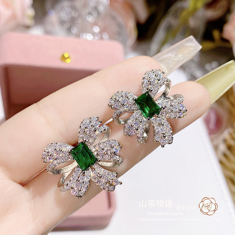 Camellia跨境绿尖晶蝴蝶结耳钉女镀金镶锆锁骨链彩宝套装一件代发
