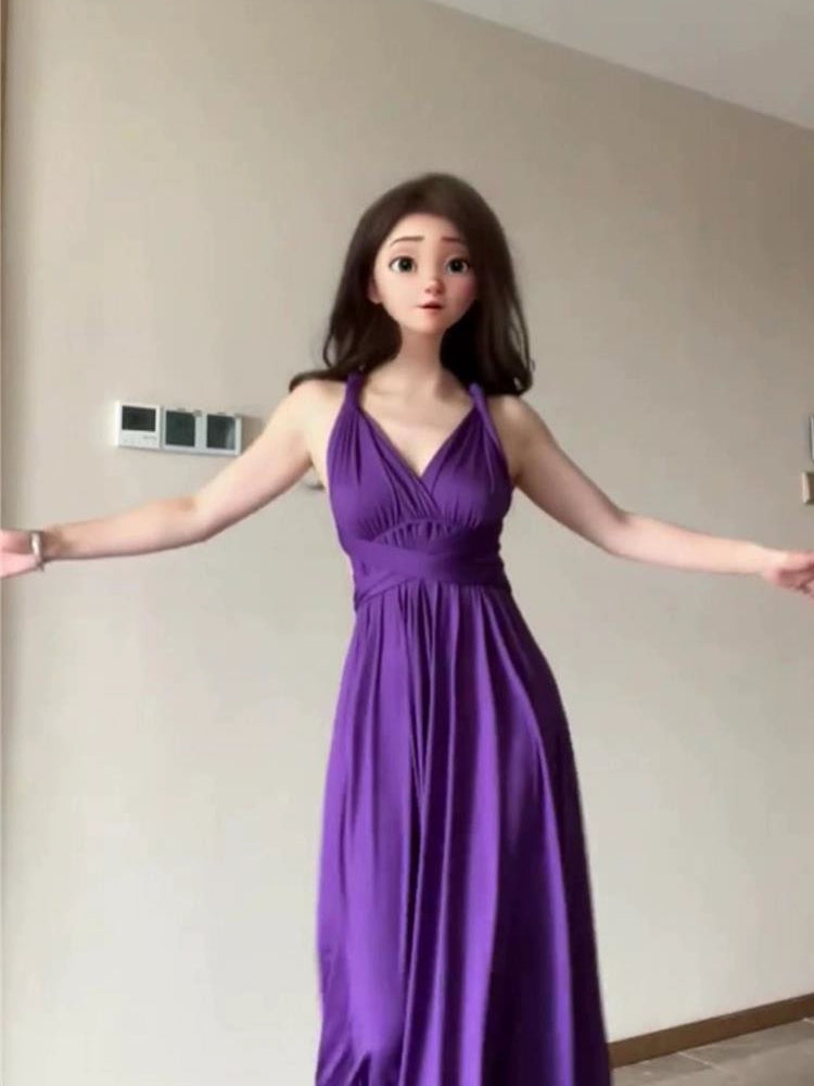 Fashion women's wear Purple Strap Dress Texture High-Grade Waist Slimming Adult Lady like Woman Beautiful Luxurious Style French Long Skirt Summer