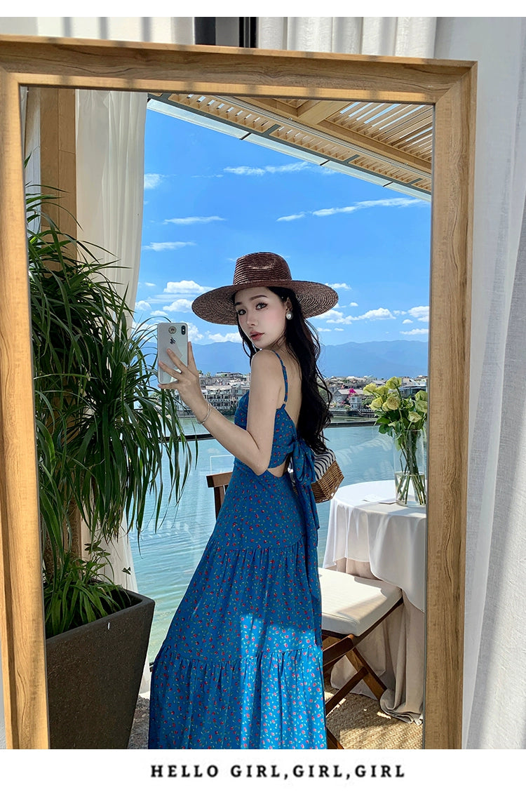 Fashion women's wear off-Shoulder Spaghetti Straps Dress Women's Summer Sanya Seaside Holiday Beach Skirt Floral Backless Waist Trimming Ankle-Length Dress