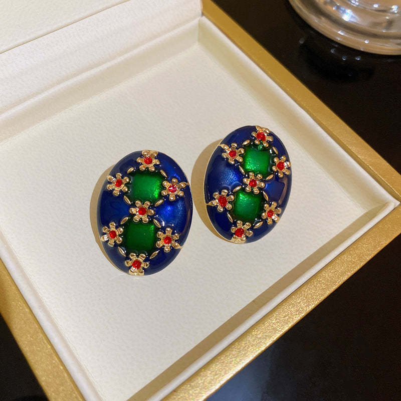 中古vintage耳环 925银针滴油花朵几何耳钉法式复古时尚气质耳饰