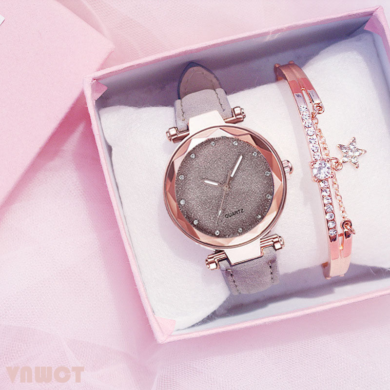 Fashion women's watchForeign Trade Popular Style Silver Pink Rhinestone Face Women's Watch Frosted Leather Watch Strap Women's Casual Trend Two-Piece Set Wrist Watch