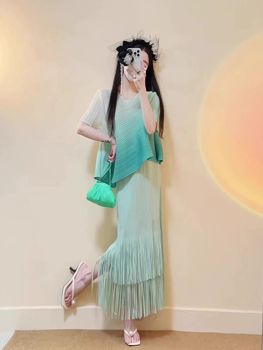 Dopamine dress Free shipping Tattoo summer dopamine wear beautiful fashion temperament socialite mint green gradual change top can be salt can be sweet suit skirt