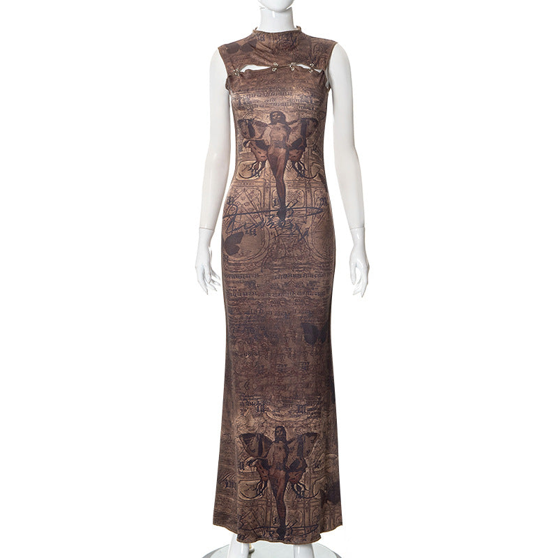 Fashion women's wear D22ds367 Autumn New 2024 round Neck Pullover Sleeveless Printed Hollow High Waist   Women's Clothing Dress Women