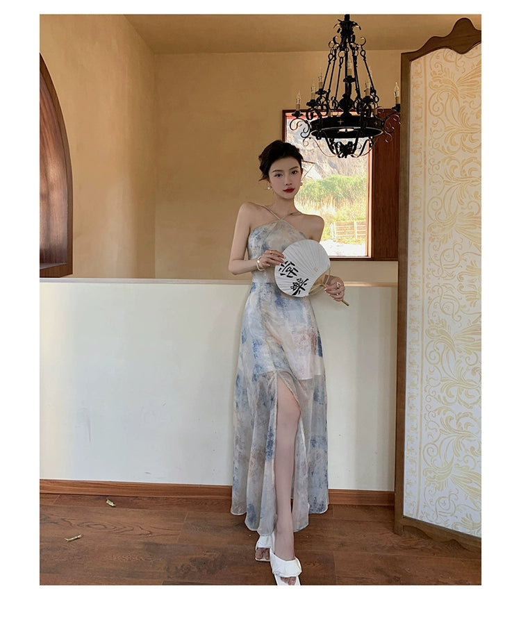 Fashion women's wear Chiffon Niche Sleeveless Split Halter Spaghetti Straps Dress Retro Hong Kong Style Tight Waist Seaside Vacation Dress Beach Dress