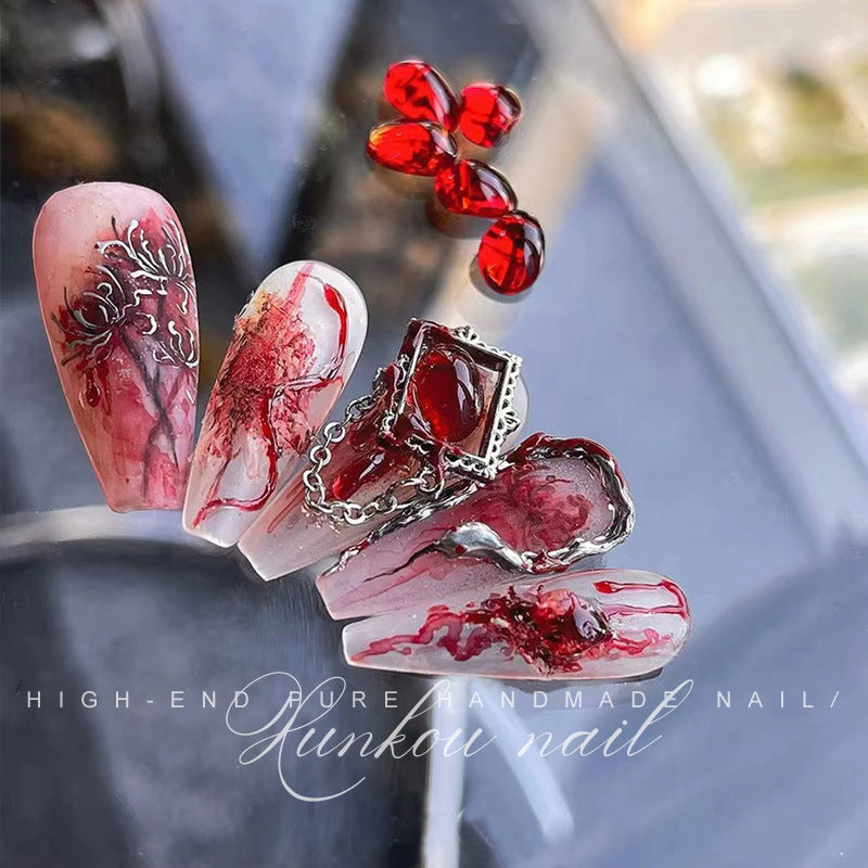 (Hand-Made Nail) Hand-Painted Nail Manicure Heavy Industry Hand-Painted Ice Transparent Blooming Red and Black Face Purple Flower Butterfly Disassembly