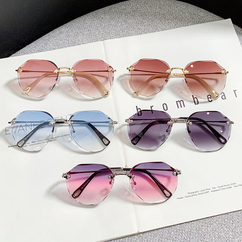 Women's fashion glasses年新款无框太阳眼镜女防紫外线高级感墨镜潮女圆脸大脸显瘦夏