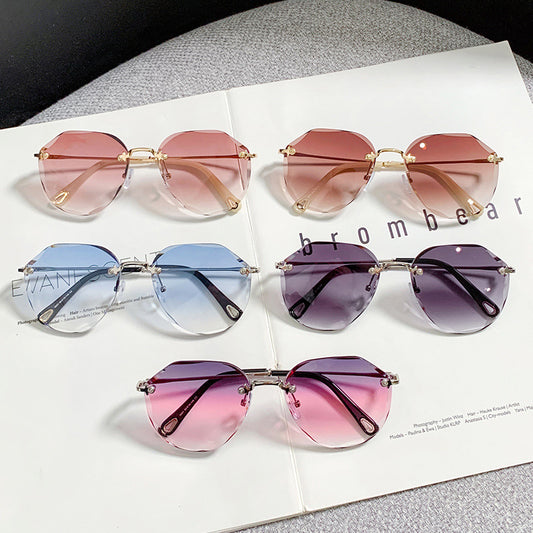 Women's fashion glasses年新款无框太阳眼镜女防紫外线高级感墨镜潮女圆脸大脸显瘦夏