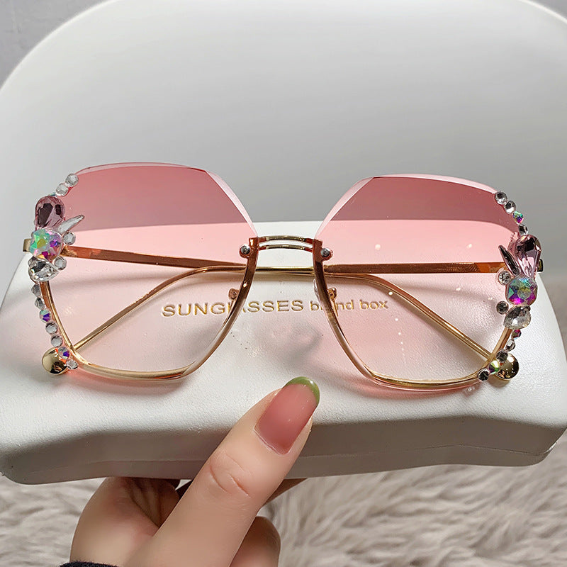 Women's fashion glasses 跨境大框水钻太阳镜无框防晒防紫外线墨镜个性女大脸显瘦带钻潮牌