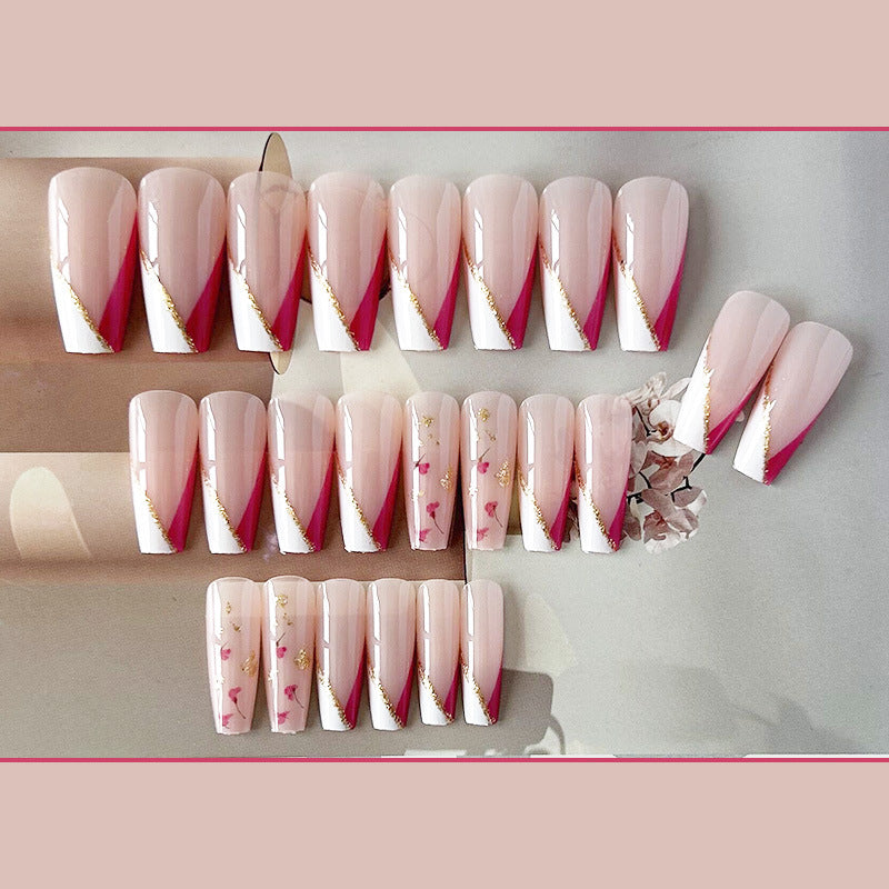 金箔花朵穿戴甲法式nails 裸色跨境美甲片外贸假指甲长甲美甲贴片