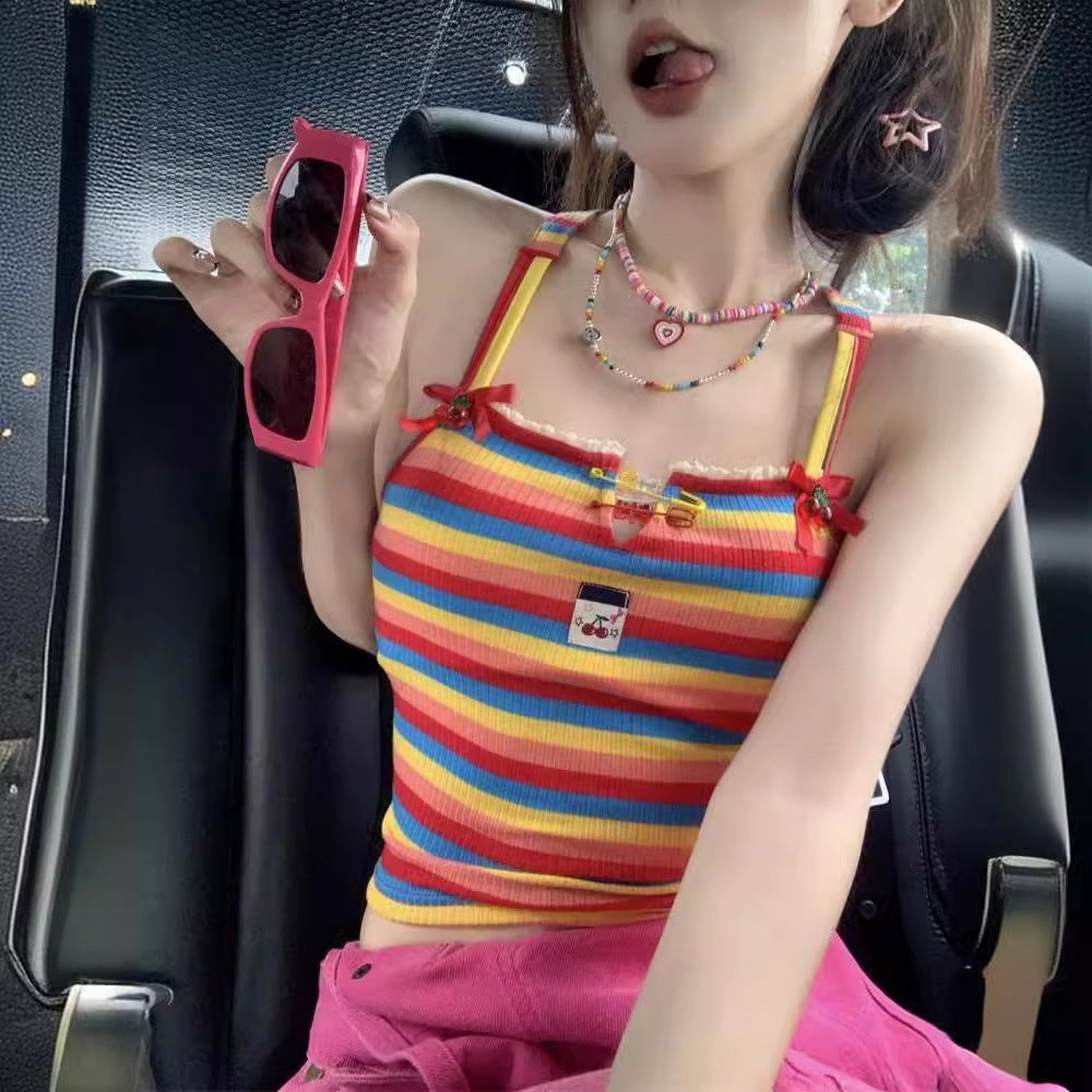 Dopamine tops Free shipping Tattoo Dopamine Sweet Babes Cross Strap Girls French Niche Suspender Vest Outside Sleeveless Striped Design Top