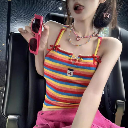 Dopamine tops Free shipping Tattoo Dopamine Sweet Babes Cross Strap Girls French Niche Suspender Vest Outside Sleeveless Striped Design Top