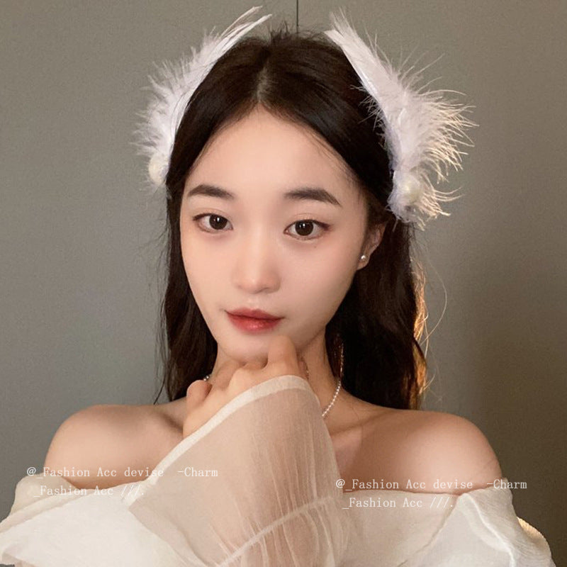 超仙羽毛珍珠发夹小众时尚设计感鸭嘴夹高级感气质头饰发饰批发女