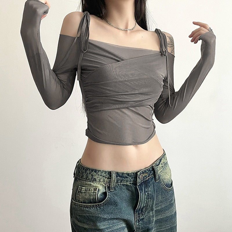 Free shipping Tattoo European and American style 2024 summer new women's clothing Spice Girl one-word collar shoulder sleeves long sleeves waist open button slim T-shirt tops