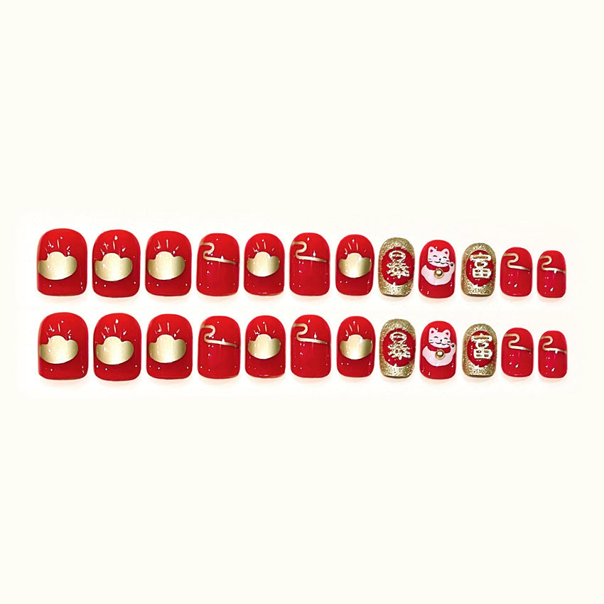 Fashion  nail New Year Manicure Fake Nail Patch New Year Chinese New Year Celebration Joyous Lucky Cat Wear Nail Finished Patch Wear Nail A52