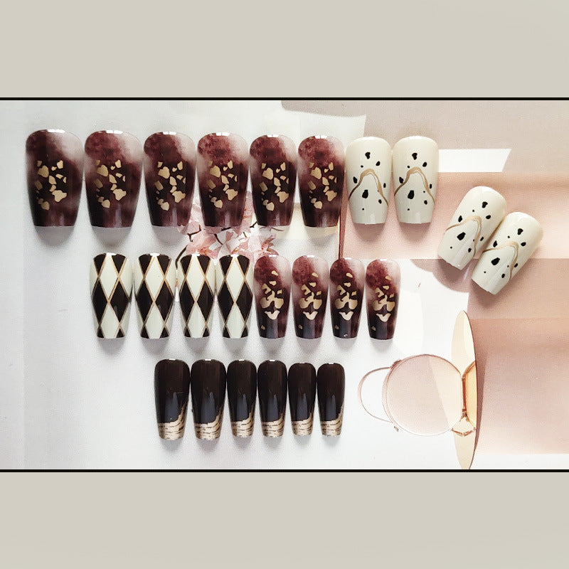 咖啡金箔穿戴甲秋冬指甲贴片菱格美甲片晕染假指甲美甲贴片成品甲