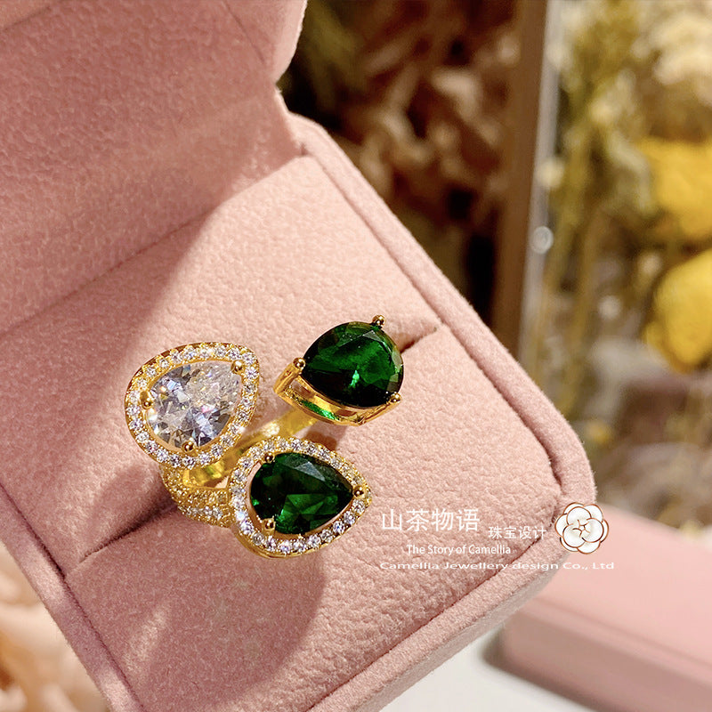 Camellia璀璨高级感ins孔雀绿锆仿钻石戒指 可调节轻奢冷淡风指环