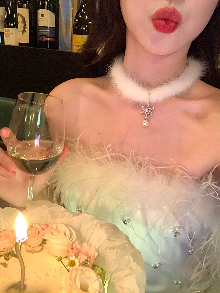 圣诞节双层雪花项链女毛绒choker颈链2023新款爆款锁骨链秋冬配饰