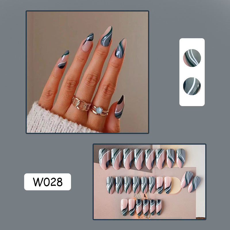 墨绿线条穿戴甲不规则nails 跨境美甲片外贸假指甲杏仁甲美甲贴片