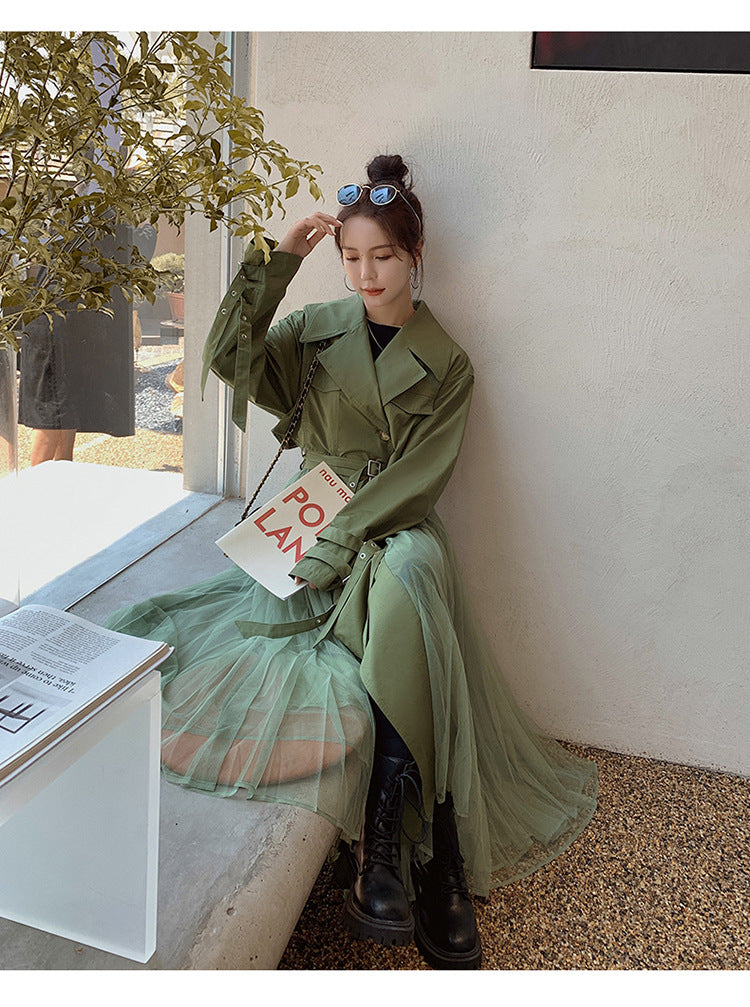 Fashion women's wear A Large Number of in Stock 2024   Purpleflower Holly Leaf Spring and Autumn Trench Coat Women's French Mesh Stitching Casual Temperament Coat