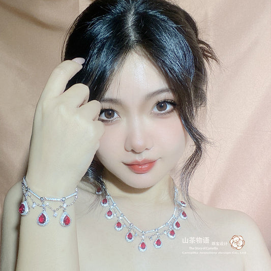 Camellia法式复古仿鸽血红宝石套装女镶钻高端红刚玉流苏超仙项坠