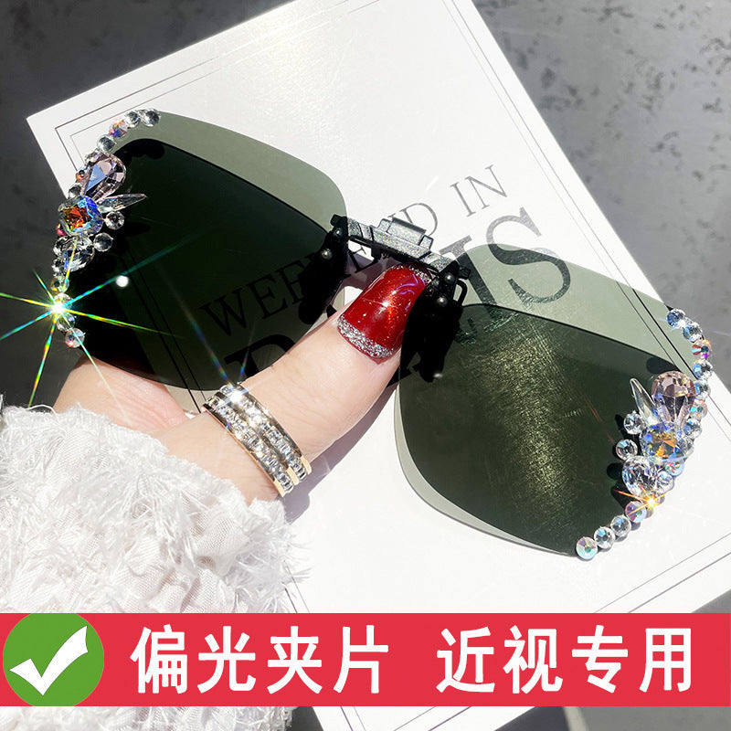 Women's fashion glasses 水钻近视墨镜夹片女防紫外线开车专用偏光太阳镜夹片式2023年新款