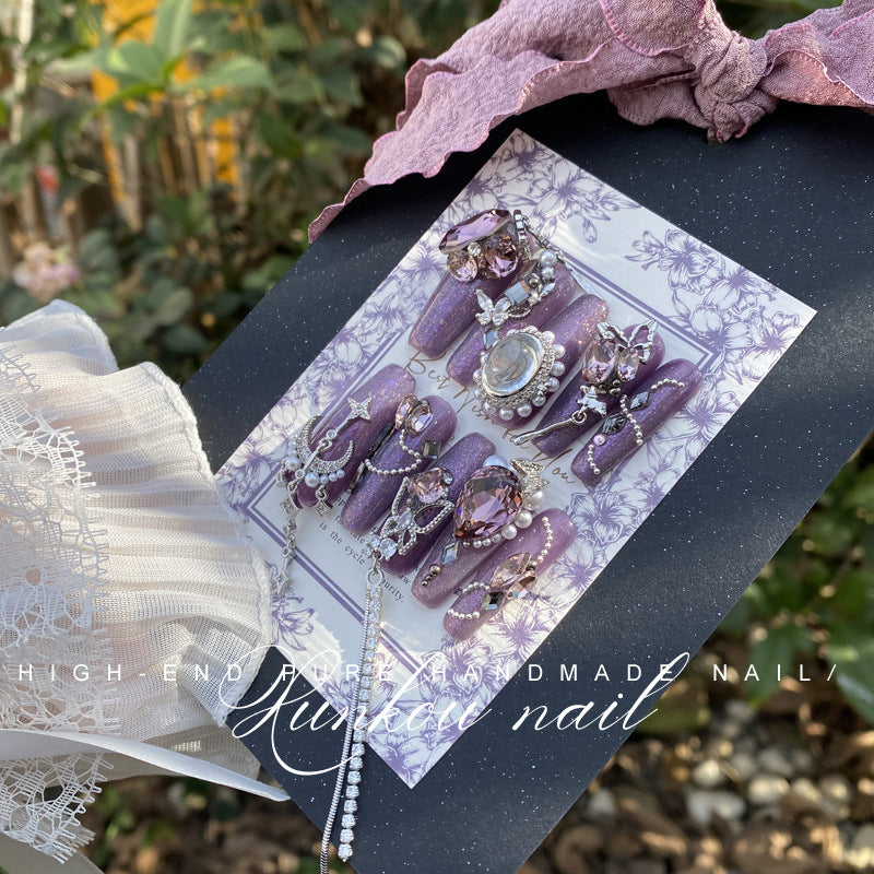 (Hand-Made Nail) Hand-Worn Nail Manicure Purple Star River Butterfly Flash Heavy Industry Blooming Hand-Painted Flash Diamond Hand-Painted Detachable