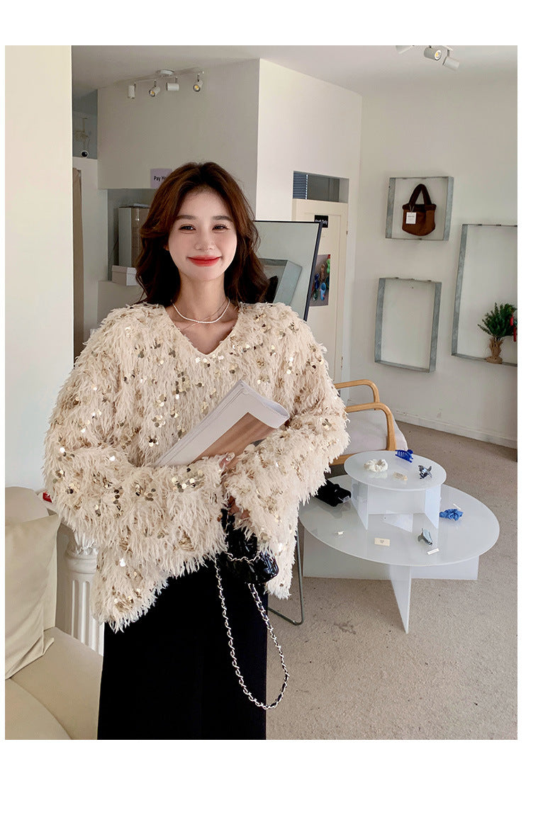 Fashion women's wear Real Shot Shiny Annual Meeting Festival Atmosphere Handmade Sequined Feather V-neck Sweater Spring Inner Wear Sweet Dress