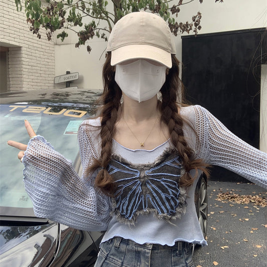 Dopamine tops Free shipping Tattoo Blue short top women's summer sweet and spicy tulle sunscreen blouse backing autumn wear dopamine music festival long-sleeved T-shirt