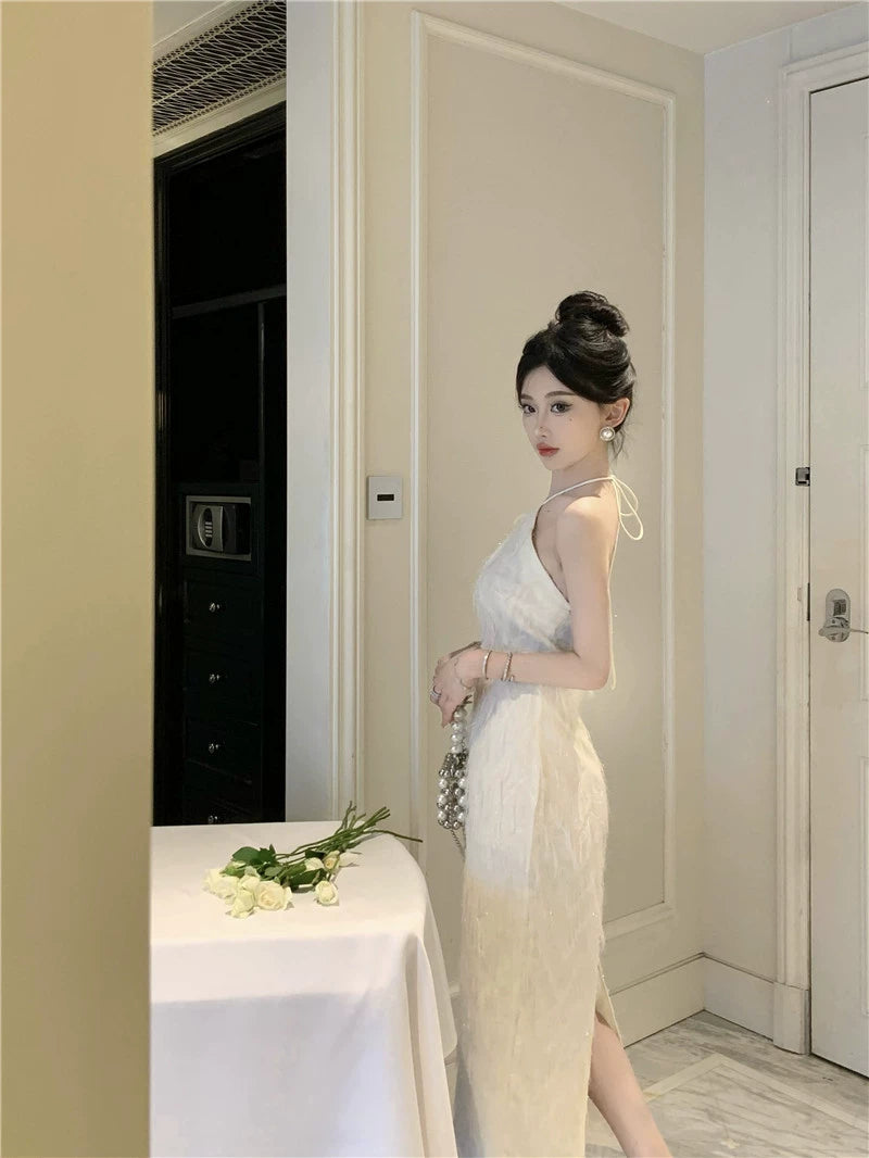 Fashion women's wear French Backless Tassel Halter Spaghetti Straps Dress Women's Spring Temperament Advanced Sexy Engagement License Birthday Party Formal Dress