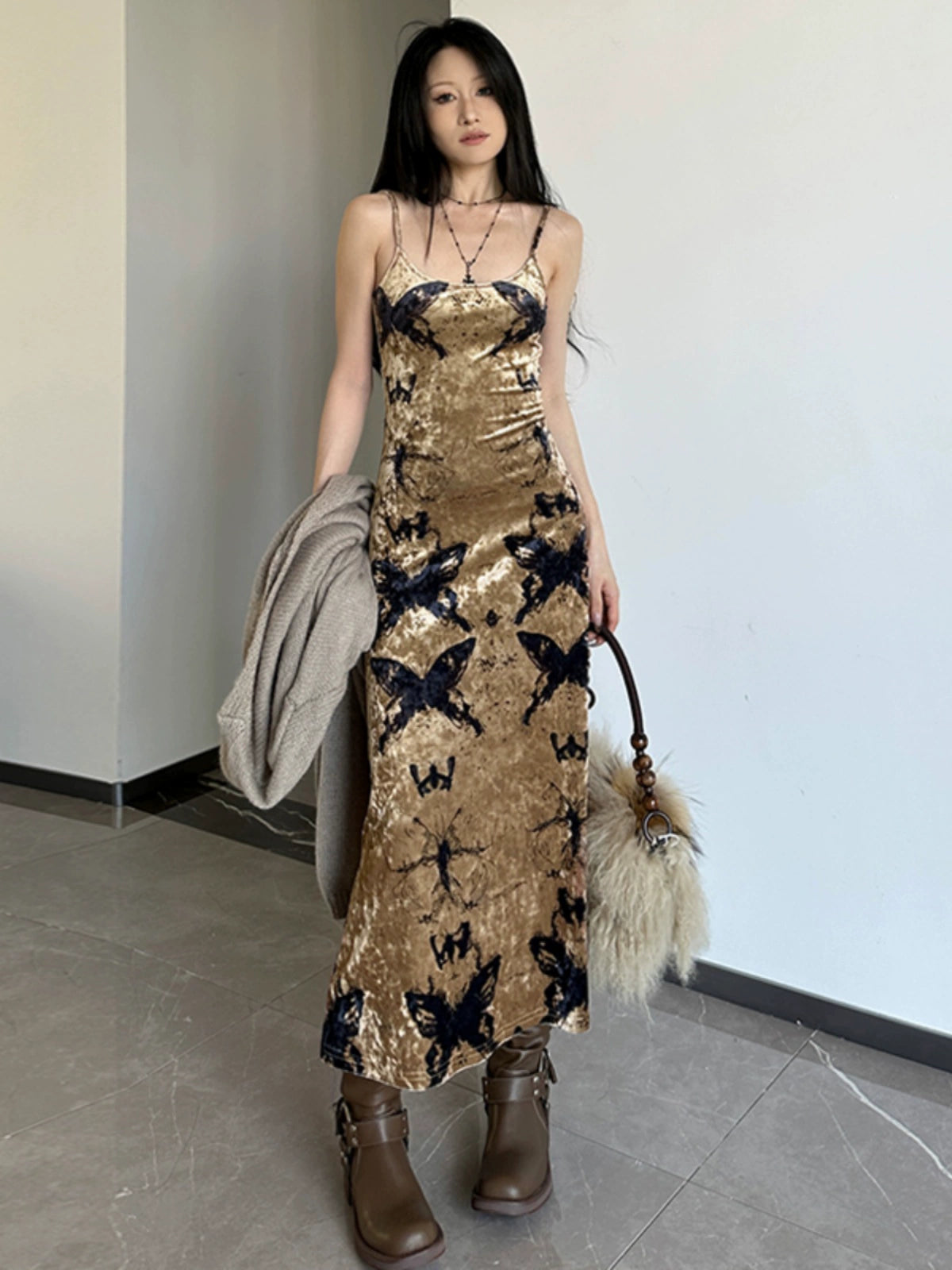 Fashion women's wear Wilderness Butterfly Printing Slip Dress 2024 Autumn New Hot Girl Sexy Slim Fit Slimming Sheath Dress