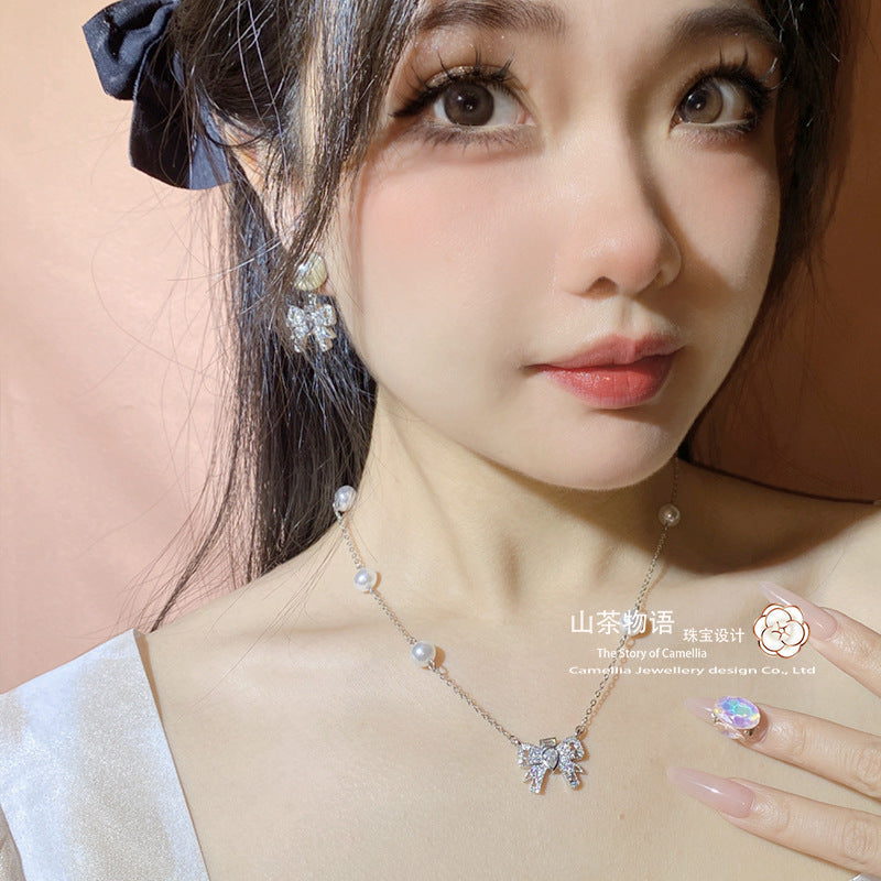 珠宝首饰网红款山茶miumiu新款珍珠镶钻超仙蝴蝶结项链  镀金甜美精致设计感套装