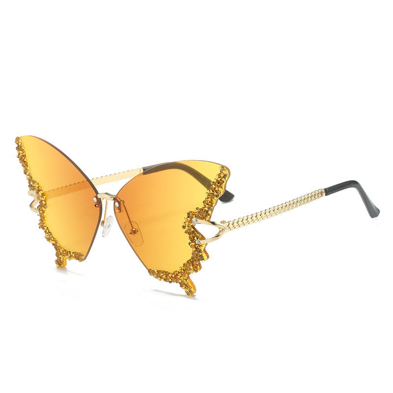 Women's fashion glasses 欧美跨境新款蝴蝶镶碎钻无边框太阳镜复古时尚个性穿搭高级感墨镜