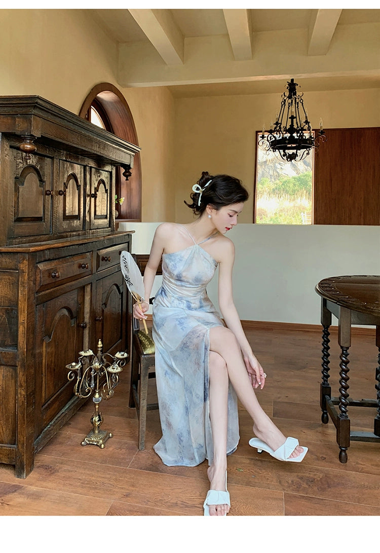 Fashion women's wear Chiffon Niche Sleeveless Split Halter Spaghetti Straps Dress Retro Hong Kong Style Tight Waist Seaside Vacation Dress Beach Dress