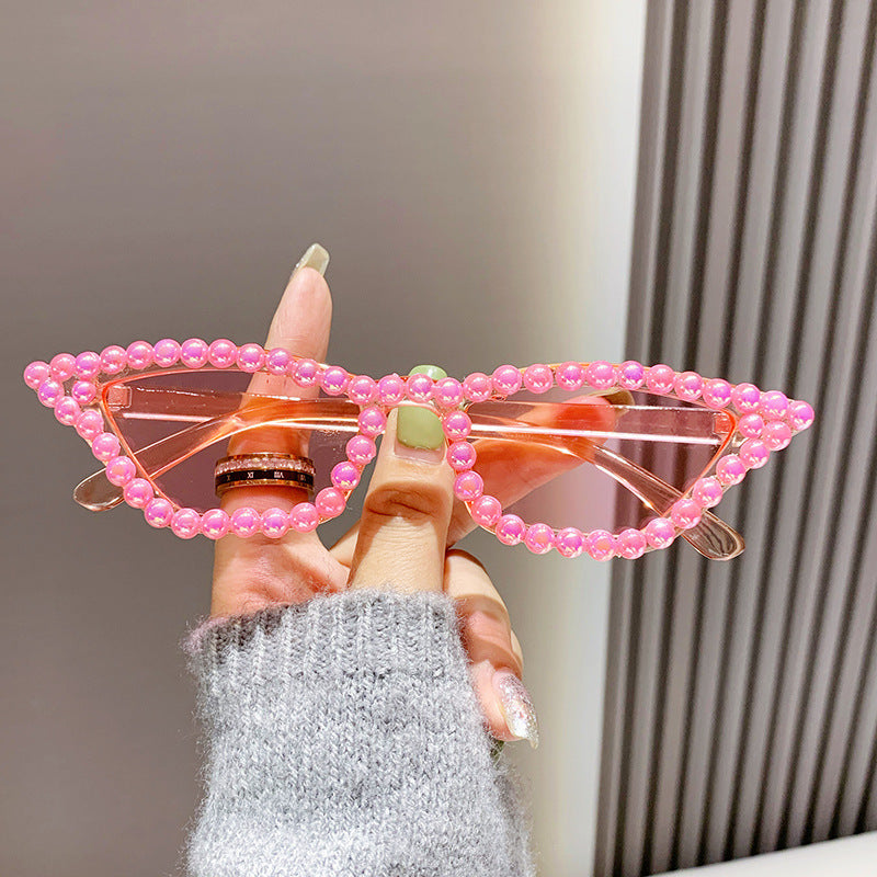 Women's fashion glasses 新款镶珍珠猫眼太阳镜跨境时尚华丽女士舞会眼镜欧美炫酷拍照墨镜