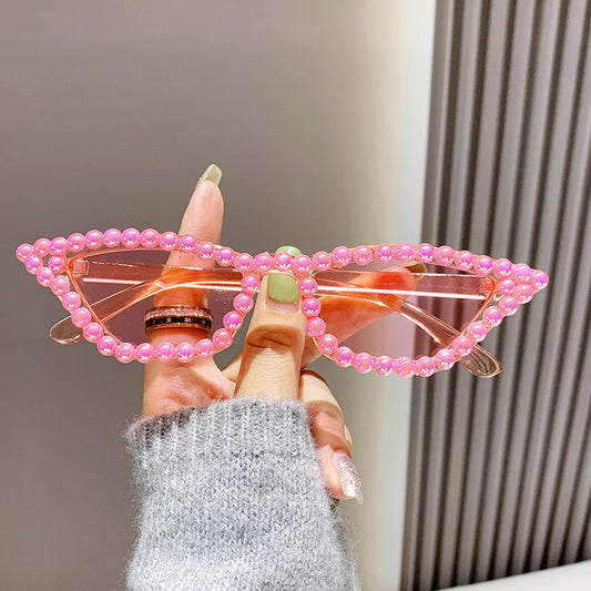 Women's fashion glasses 新款镶珍珠猫眼太阳镜跨境时尚华丽女士舞会眼镜欧美炫酷拍照墨镜