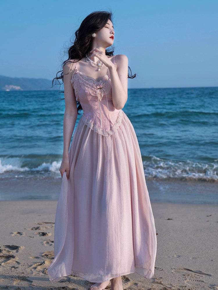 Fashion women's wear French Fried Street Tea Break Milk Sweet Escape Princess Dress Sweet Salt Pink Roses Pure Desire Beautiful Sling Dress