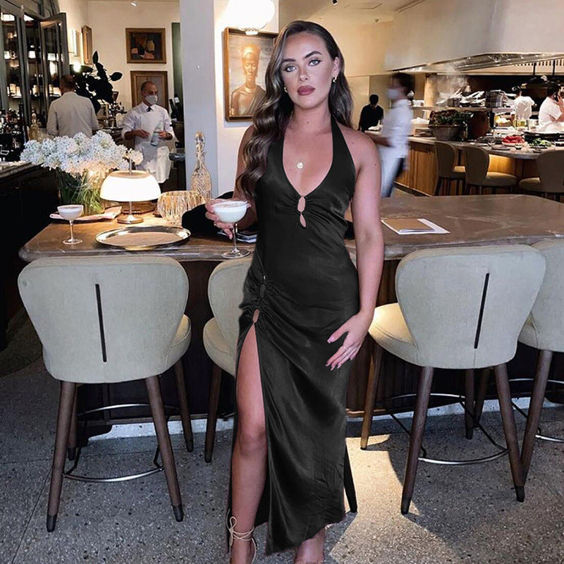 Free shipping Tattoo European and American style 2021 winter new women's clothing neck slim sexy split legs long temperament hip-wrapped dress women