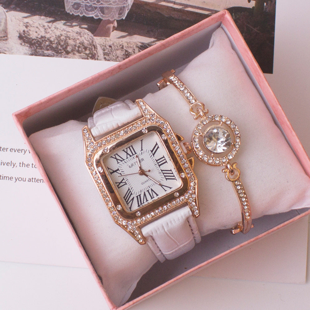 Fashion women's watchWeChat Hot-Selling Square Watch Cross-Border Foreign Trade Rhinestone Women's Roman Two-Piece Set Gift Casual Quartz Women's Watch