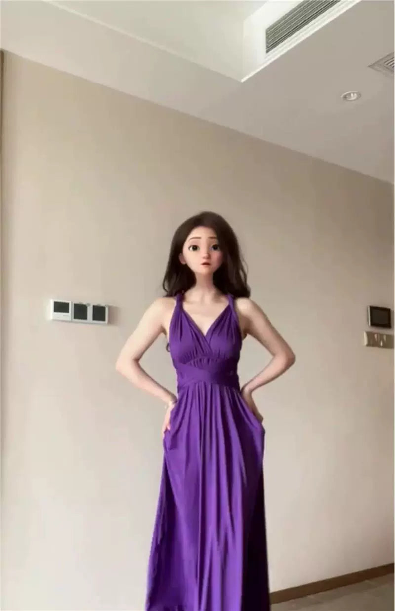 Fashion women's wear Purple Strap Dress Texture High-Grade Waist Slimming Adult Lady like Woman Beautiful Luxurious Style French Long Skirt Summer