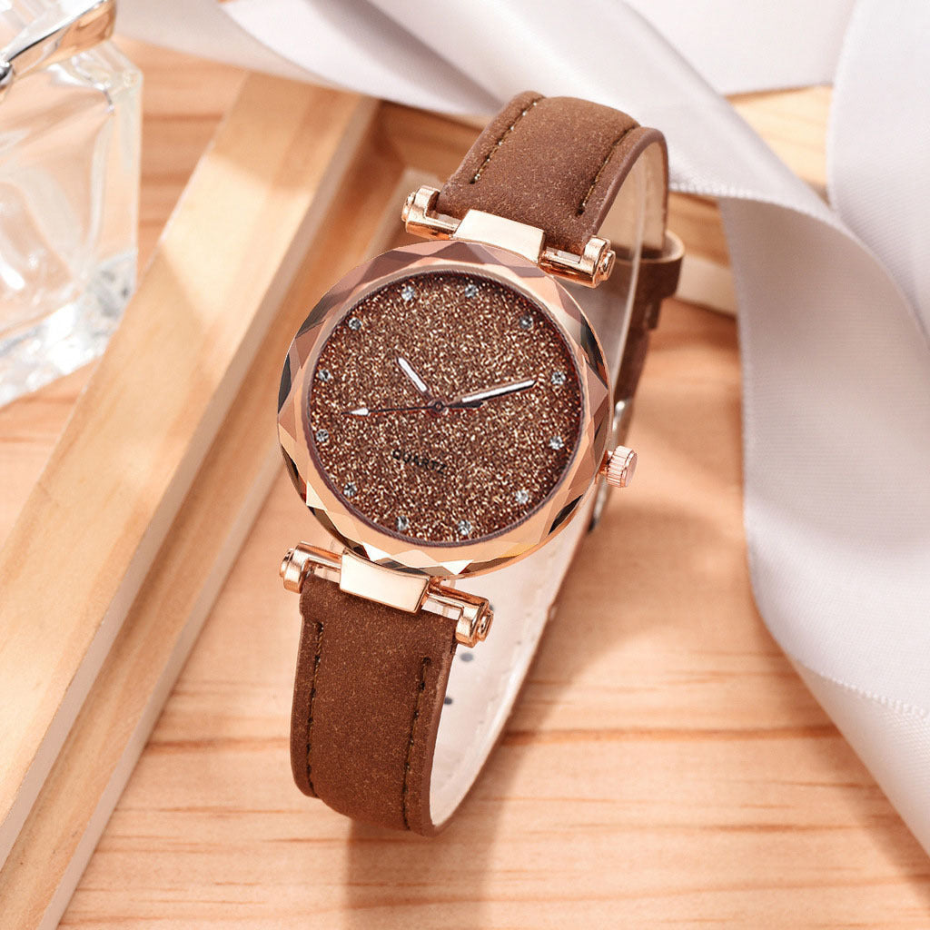 Fashion women's watchForeign Trade Popular Style Silver Pink Rhinestone Face Women's Watch Frosted Leather Watch Strap Women's Casual Trend Two-Piece Set Wrist Watch