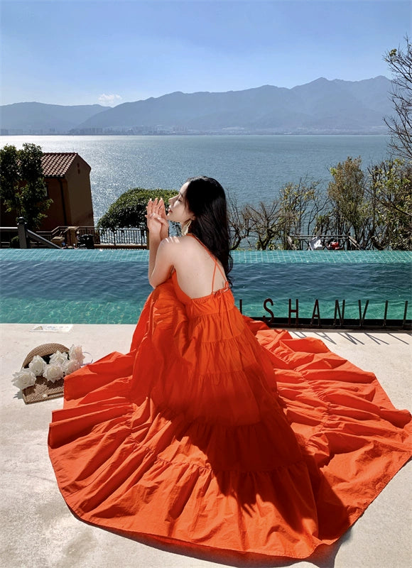 Fashion women's wear Yunnan Travel Photography Fairy Dress Orange Deep V-neck Backless Sling Dress Sanya Seaside Beach Skirt Female