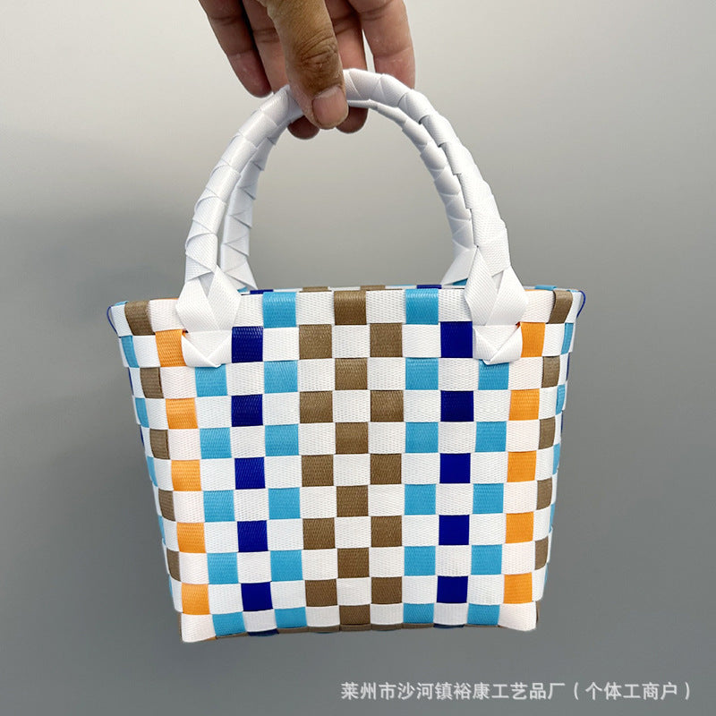 Dopamine Bag Free shipping Tattoo Cartoon dopamine plastic woven bag, trendy macaron hand-woven vegetable basket bag, cute casual seaside beach bag
