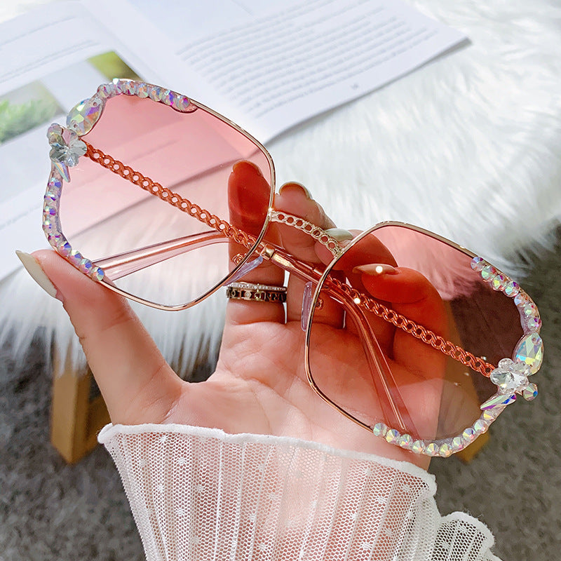 Women's fashion glasses 2024 无框镶钻女韩版潮防紫外线墨镜女素颜神器显脸小太阳镜2022新款