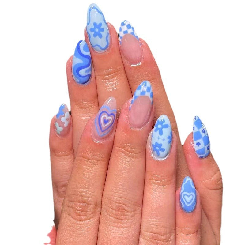 天蓝爱心穿戴甲不规则nails 诺顾美甲片外贸假指甲杏仁甲美甲贴片