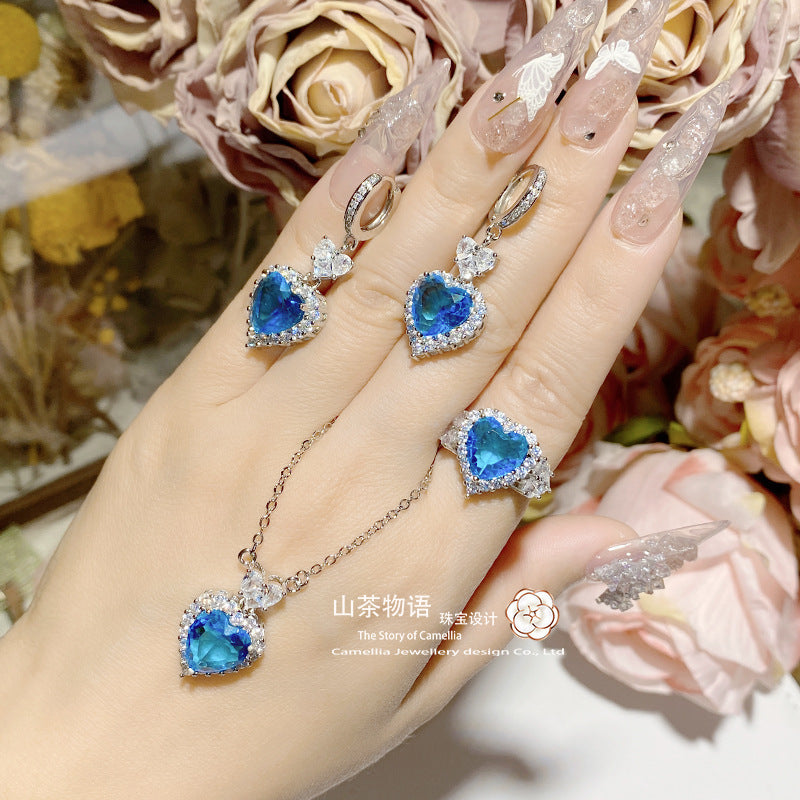 Camellia珠宝直播 仿海蓝托帕彩宝套装 轻奢微镶爆闪气质戒指项链