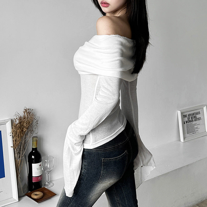 Free shipping Tattoo European and American style 2023 cross-border summer new women's clothing solid color slim fashion one-word collar sexy backless long-sleeved T-shirt tops